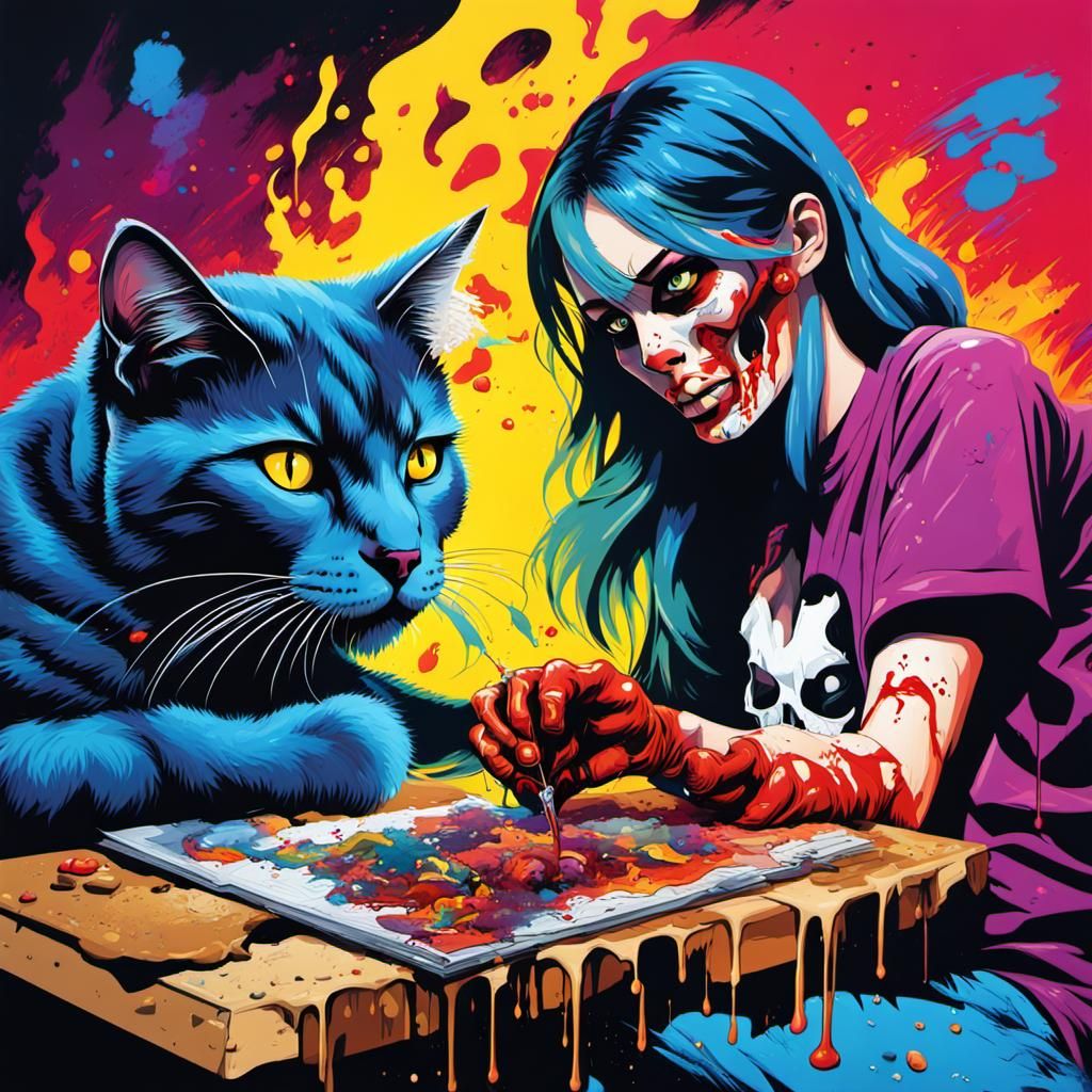 Comic Book Woman with Demonic Kitten in Pop Art