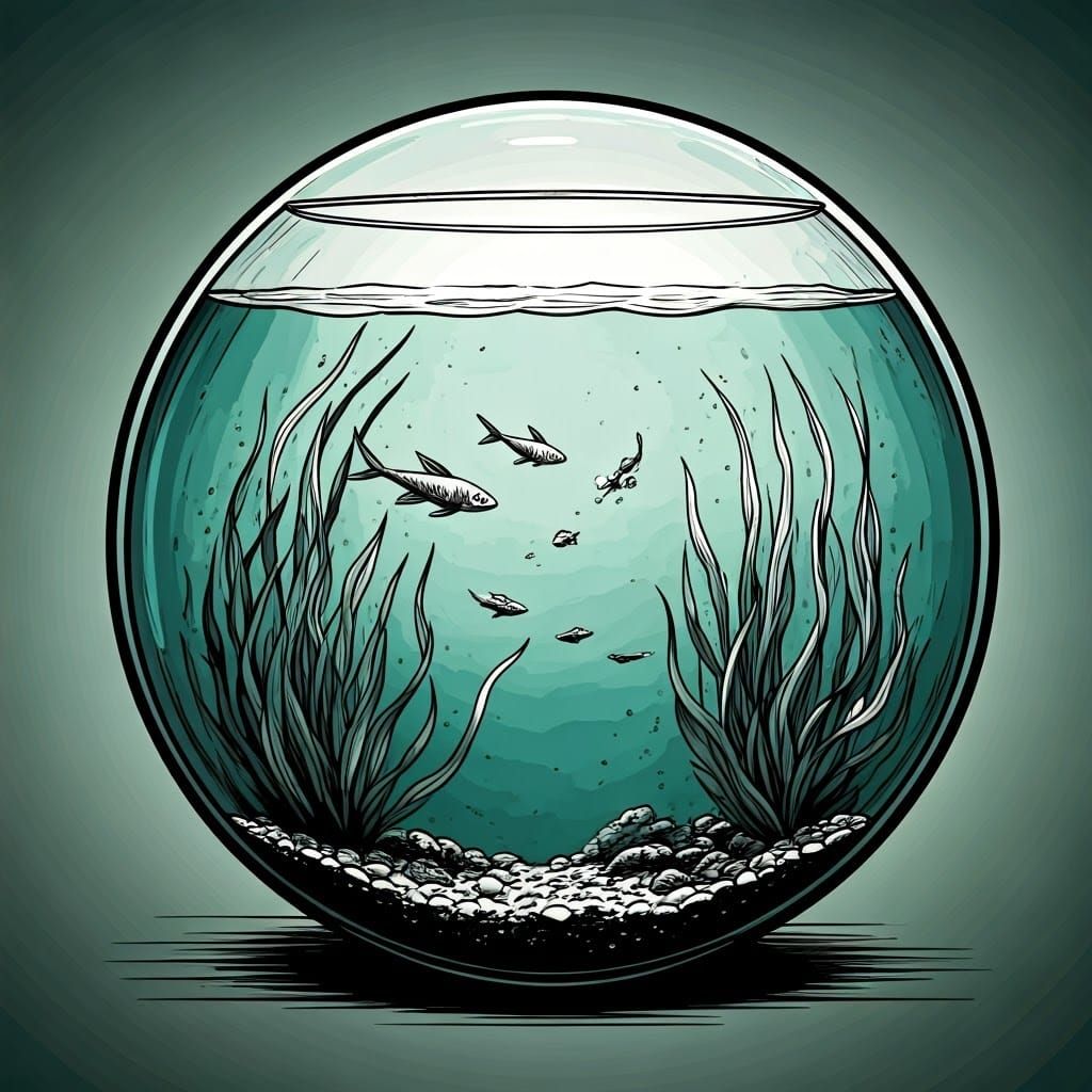 Black and white pen and ink drawing of a circular aquarium with a green ink wash over the water