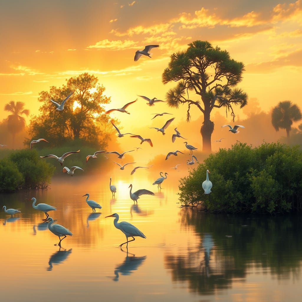 Impressionist Wetlands at Dawn, Mississippi Delta Wildlife
