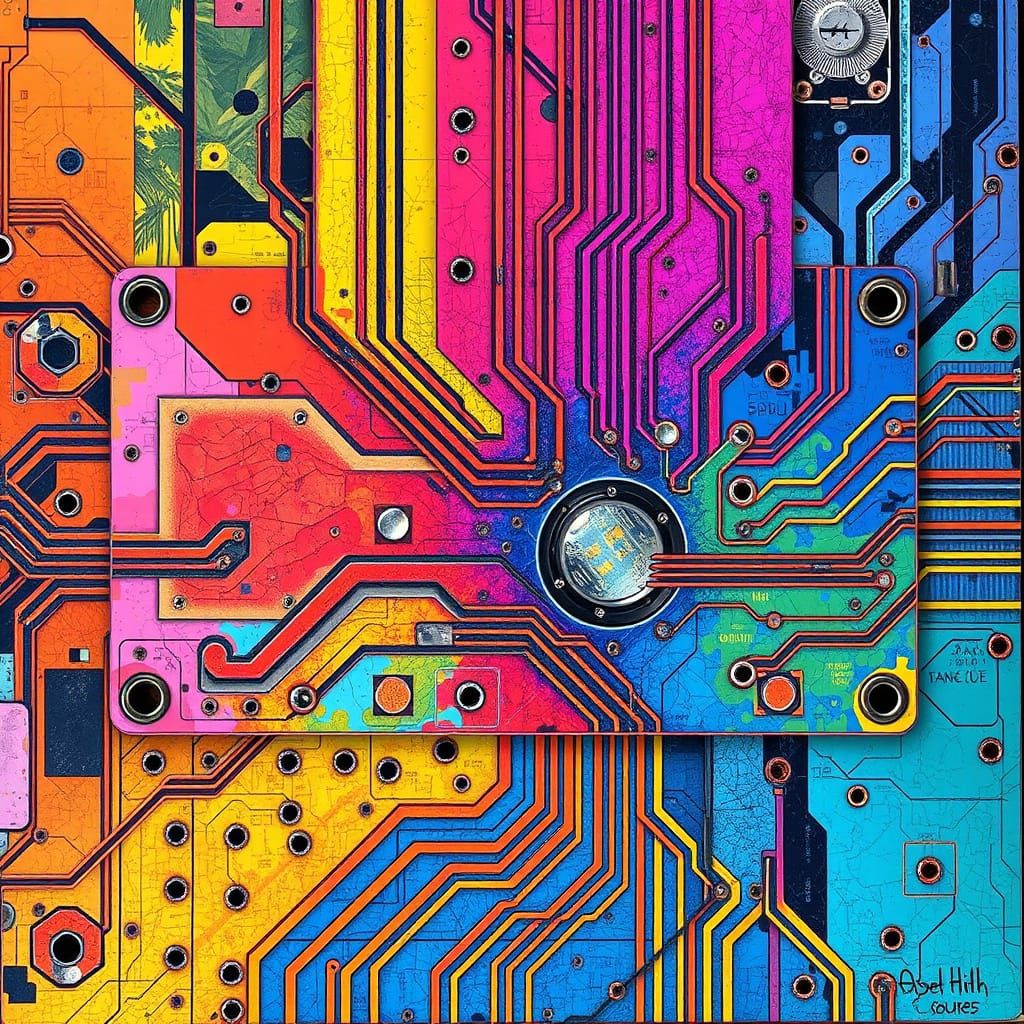 Vibrant Circuit Board Art in Mixed Media Collage