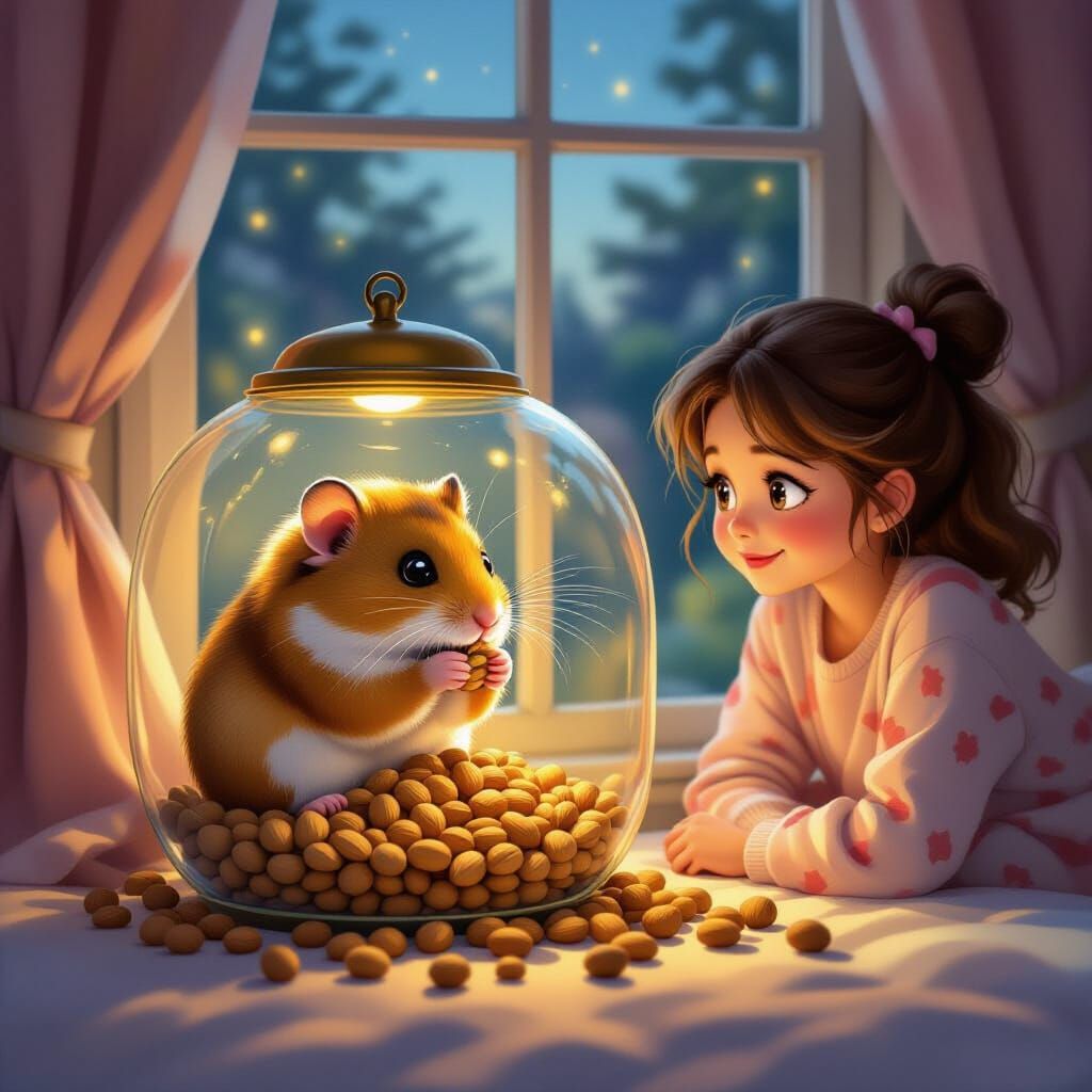 Majestic Hamster Eats Nuts Watched by Owner in Pyjamas