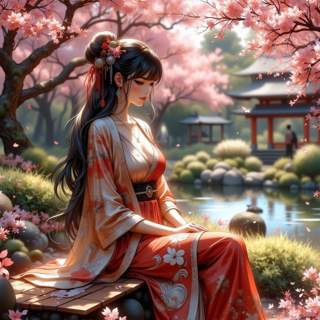 Serene Woman in Japanese Garden with Falling Sakura Leaves