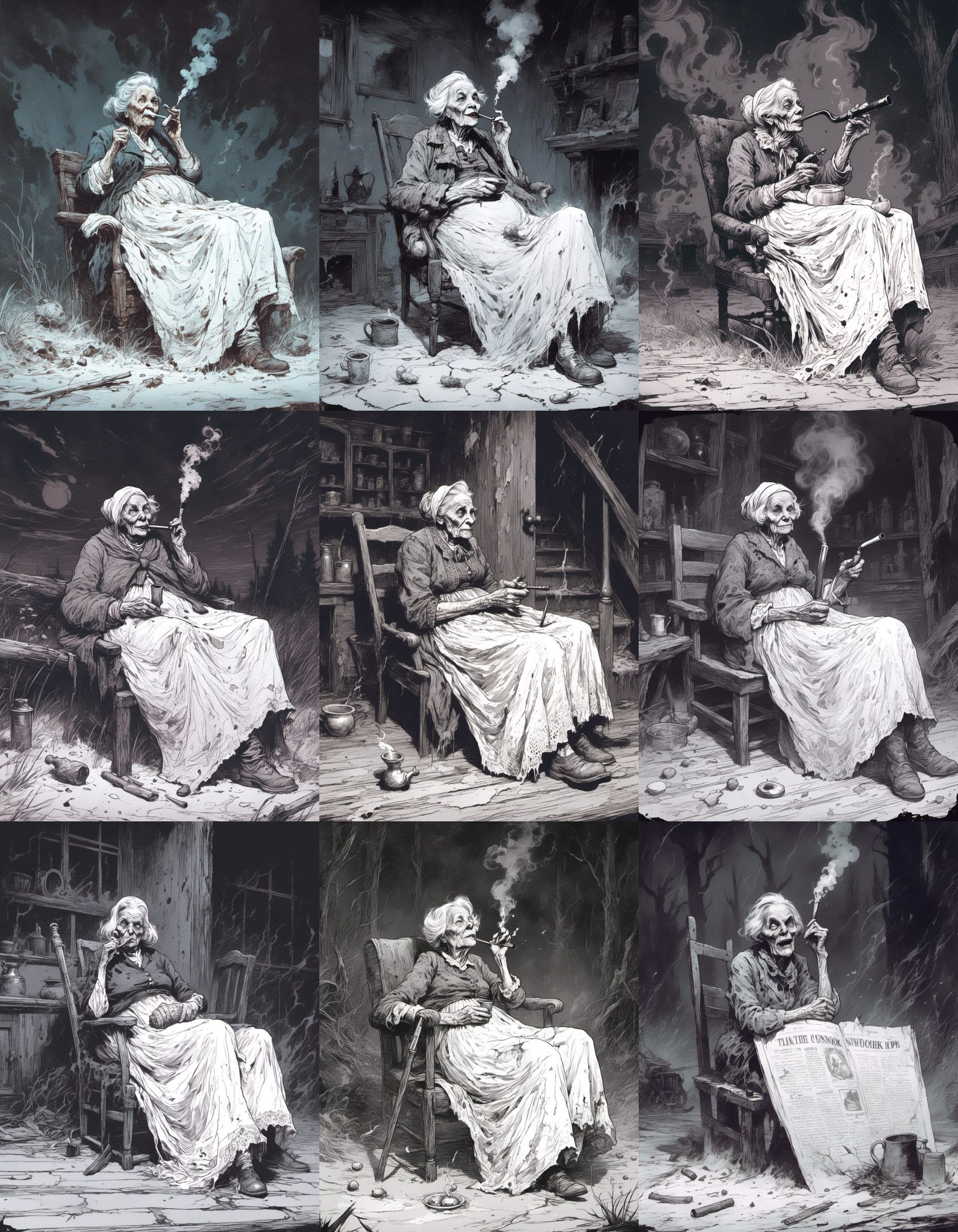 <lora:Macabre:1.0> Granny smoking a corncob pipe. Mark Brooks and Dan Mumford, comic book art, perfect, smooth