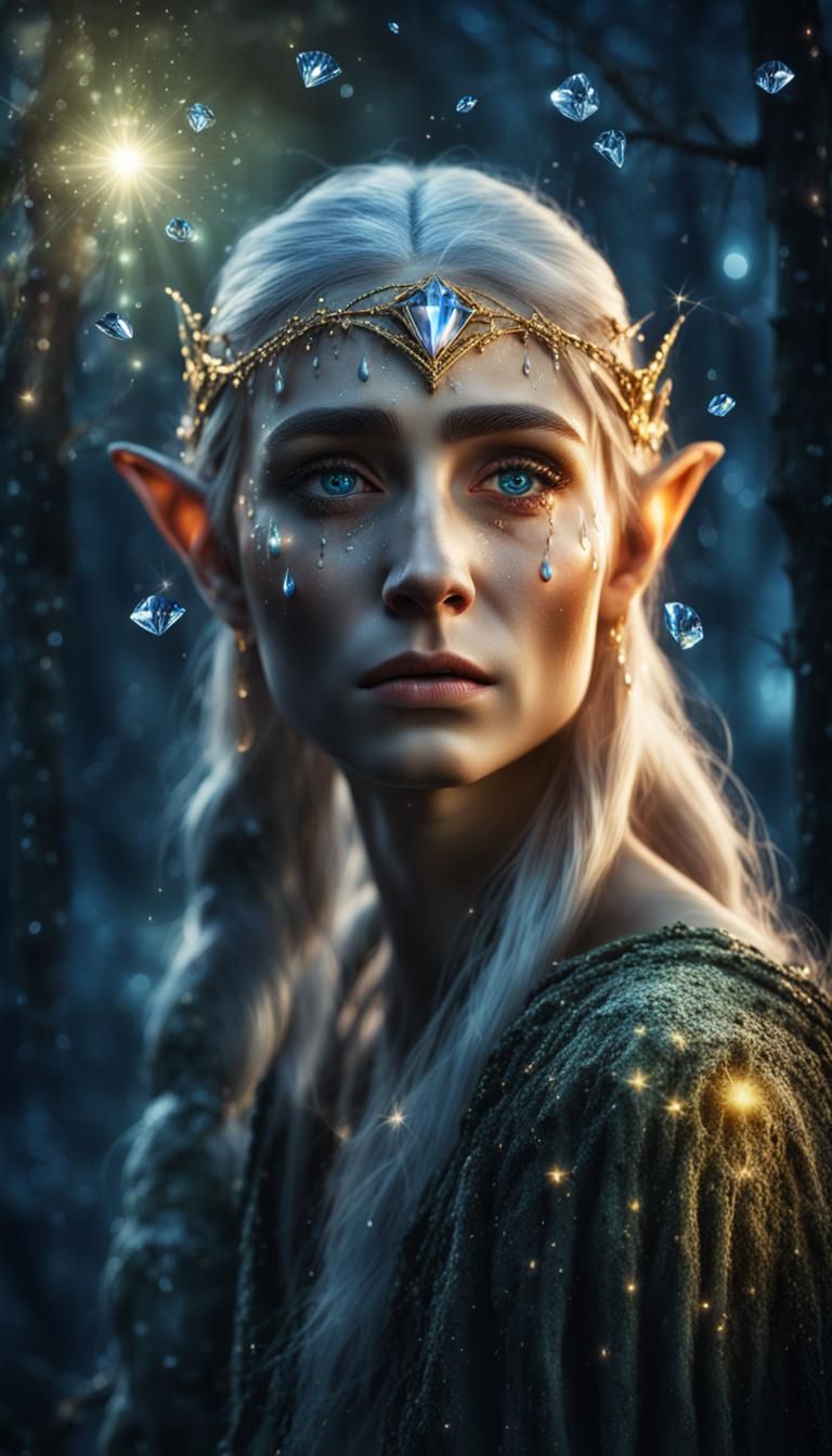 Elf Crying Diamond Tears in Dark Forest