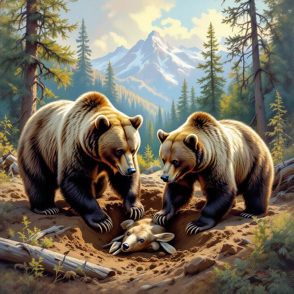 Grizzly Bears Burying Deer: Wildlife Art