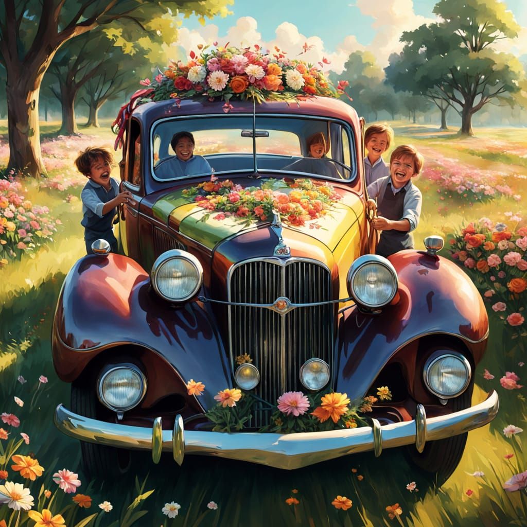 Children Decorate Car with Flowers: Oil Painting