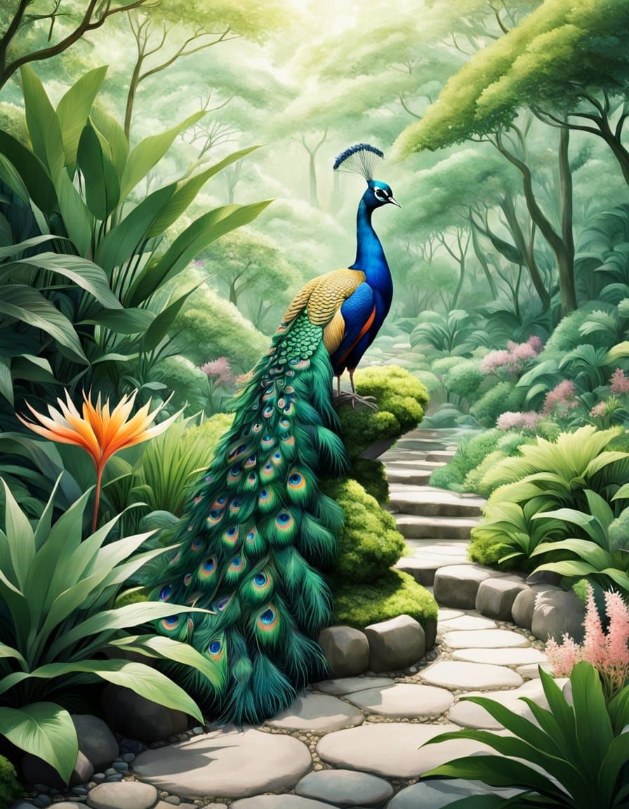 bird of paradise peacock, long tail feathers living metallic shimmer soft pastel colors, Japanese zen garden,