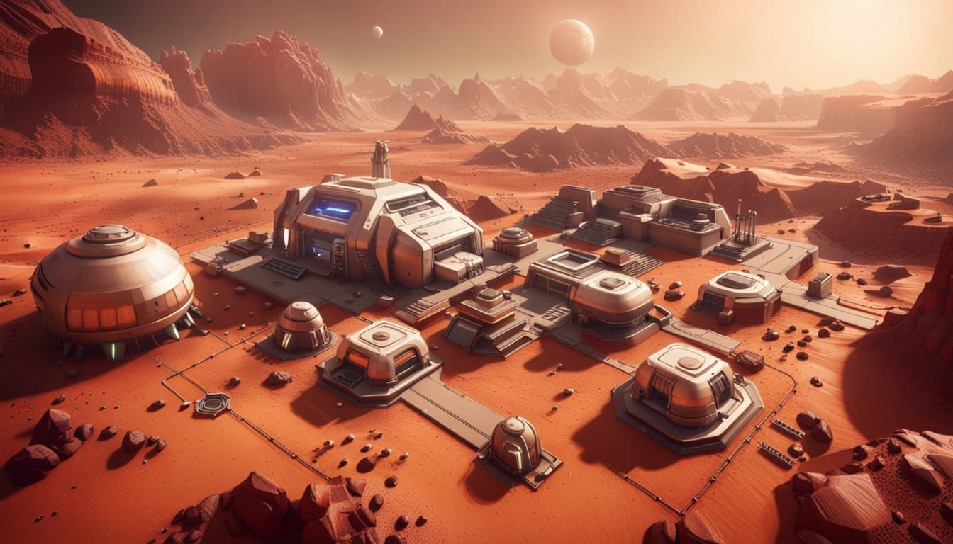Retrofuturistic Martian Colony in 3D Cinematic Style