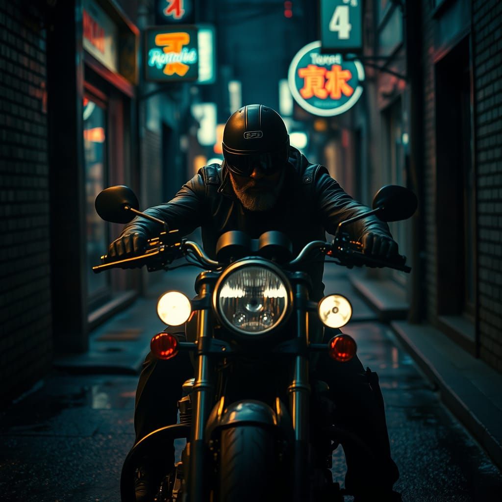 Cyberpunk Biker in Neon Alley