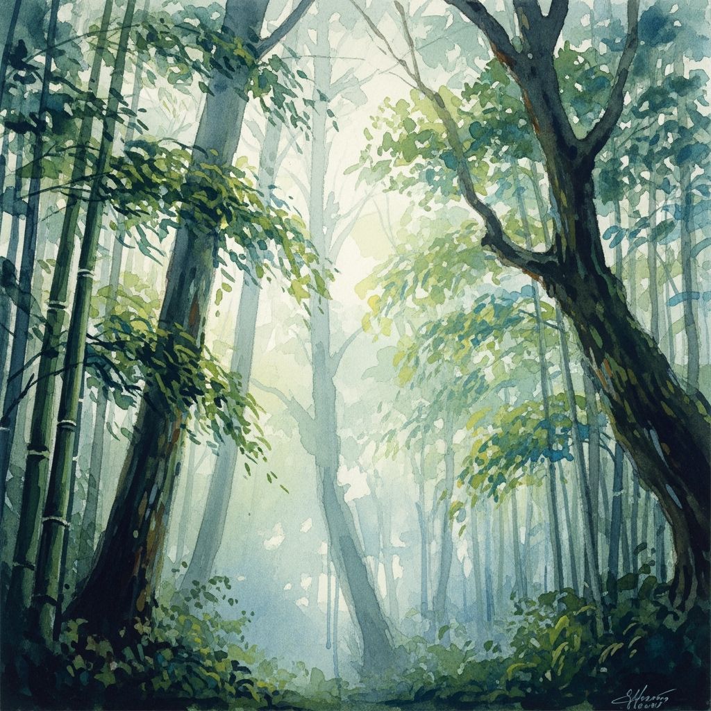 Misty Japanese Forest Scene in Impressionist Watercolor Styl...