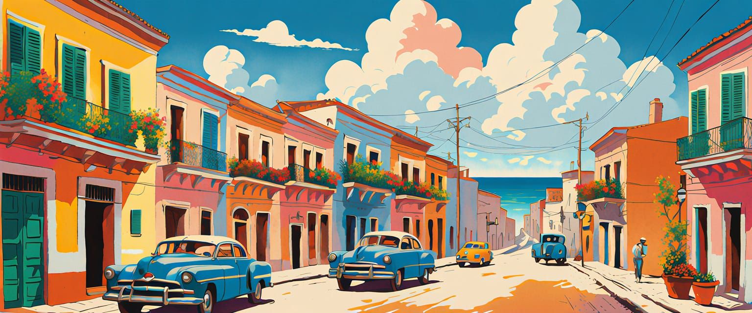Vintage Cuban Street Scene Folk Art Painting