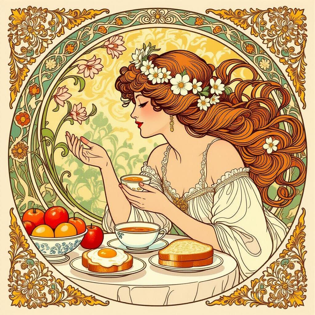 Art Nouveau Breakfast Scene with Flowing Hair and Florals