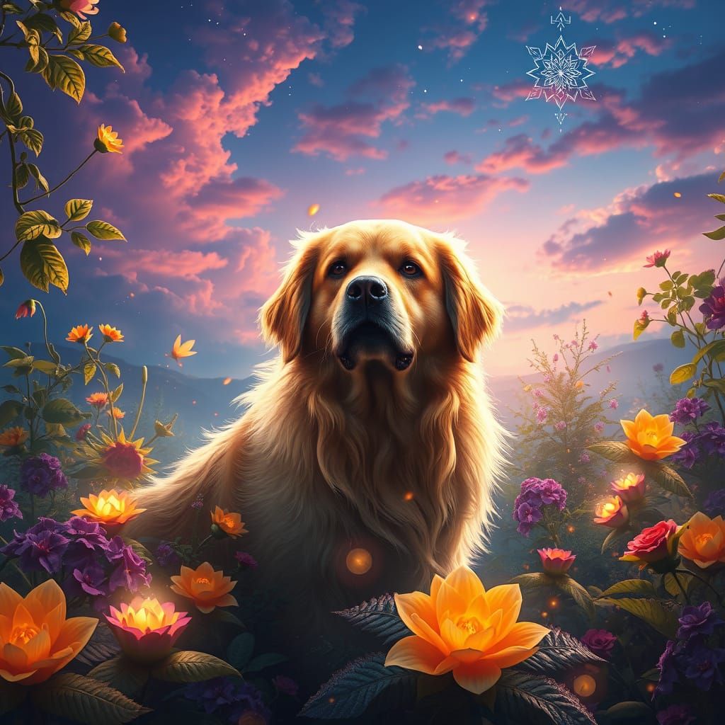 Surreal Golden Retriever in a Fantastical, Gradient Sky