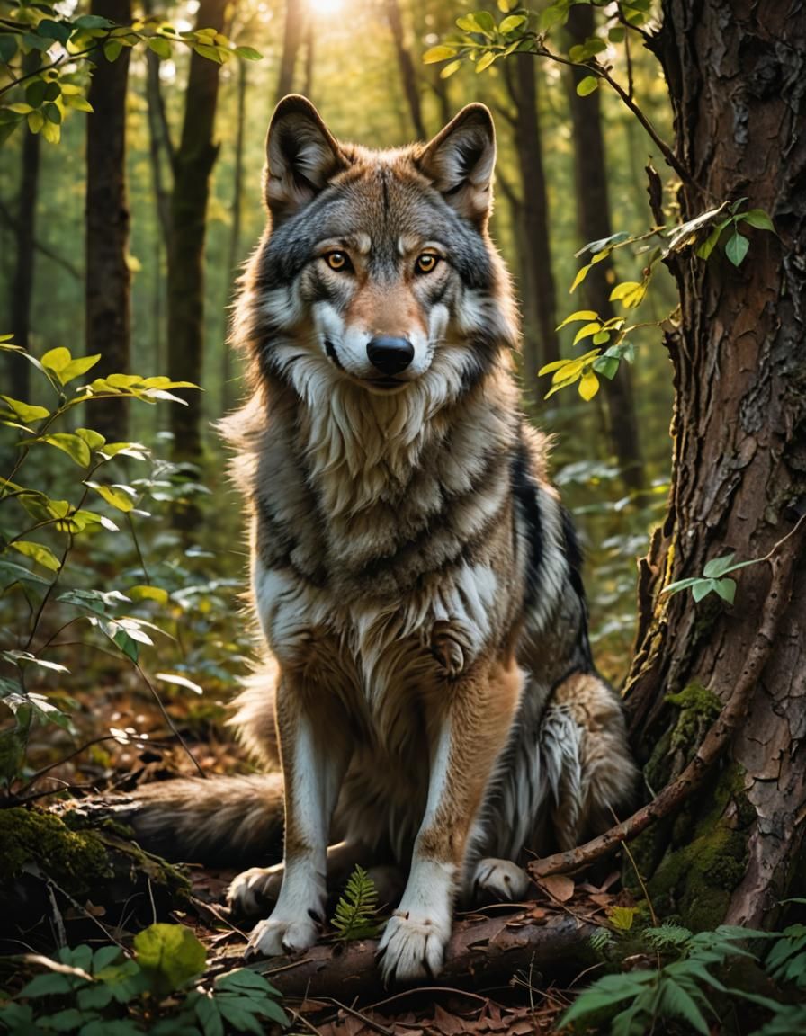 Wolf with Bird and Weasel in Forest Clearing