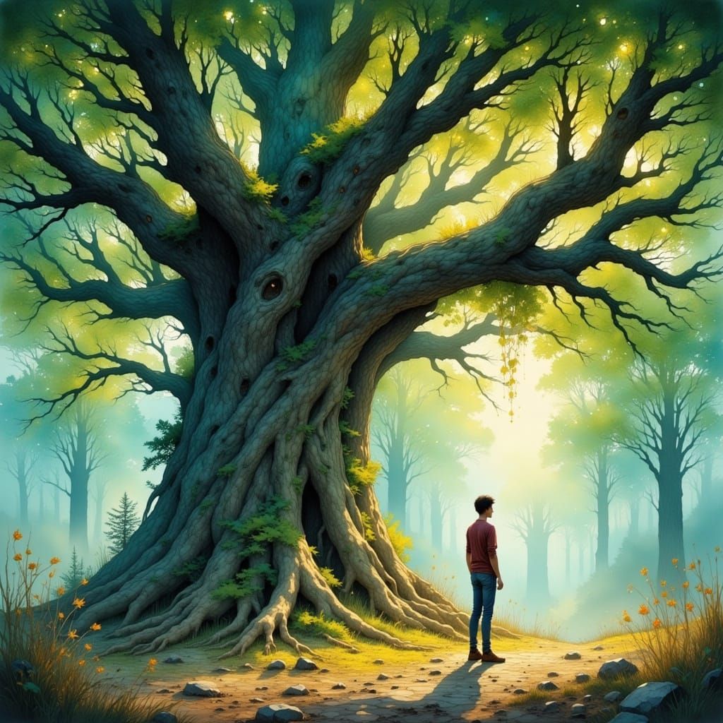 Ethereal Forest Encounter in Whimsical Art Style