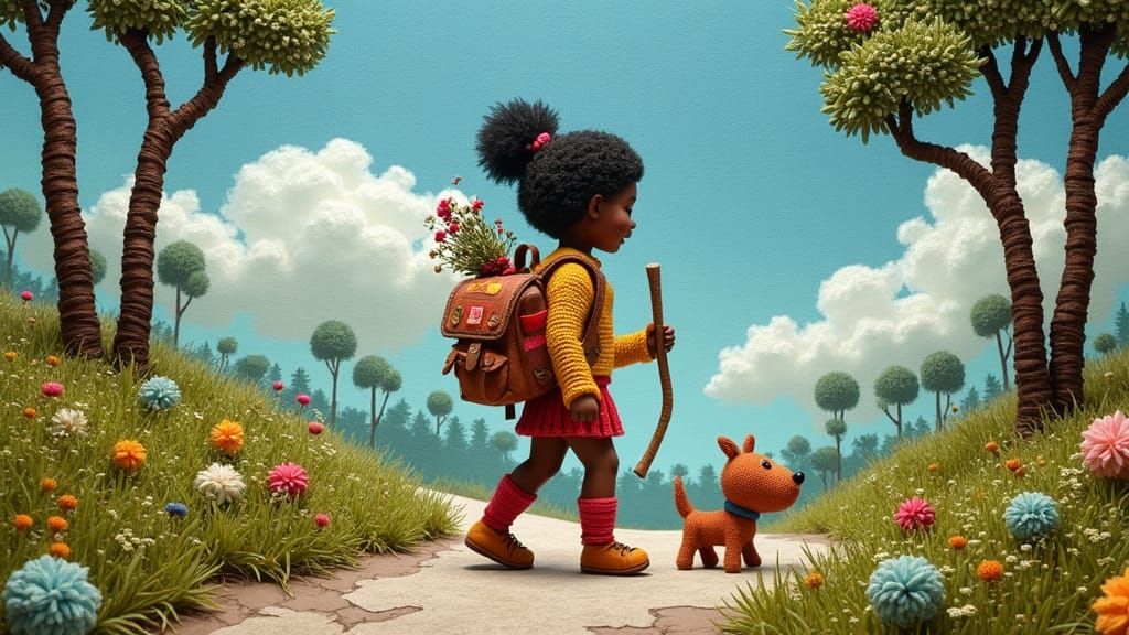 Woolen Girl Hikes on Knitted Yarn Landscape