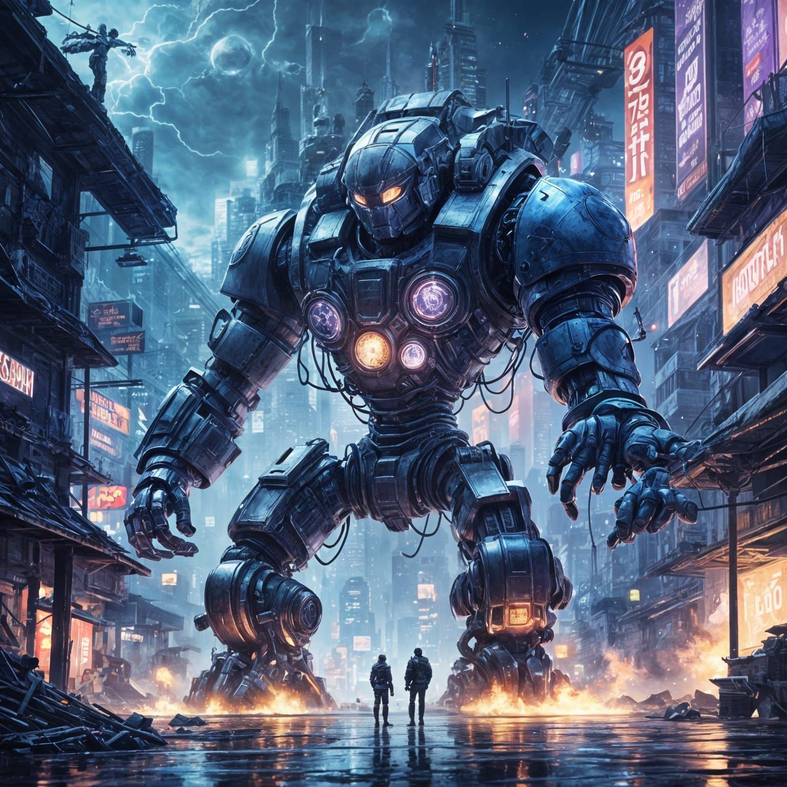 Giant Robot Boxing an Alien in Neon Cityscape