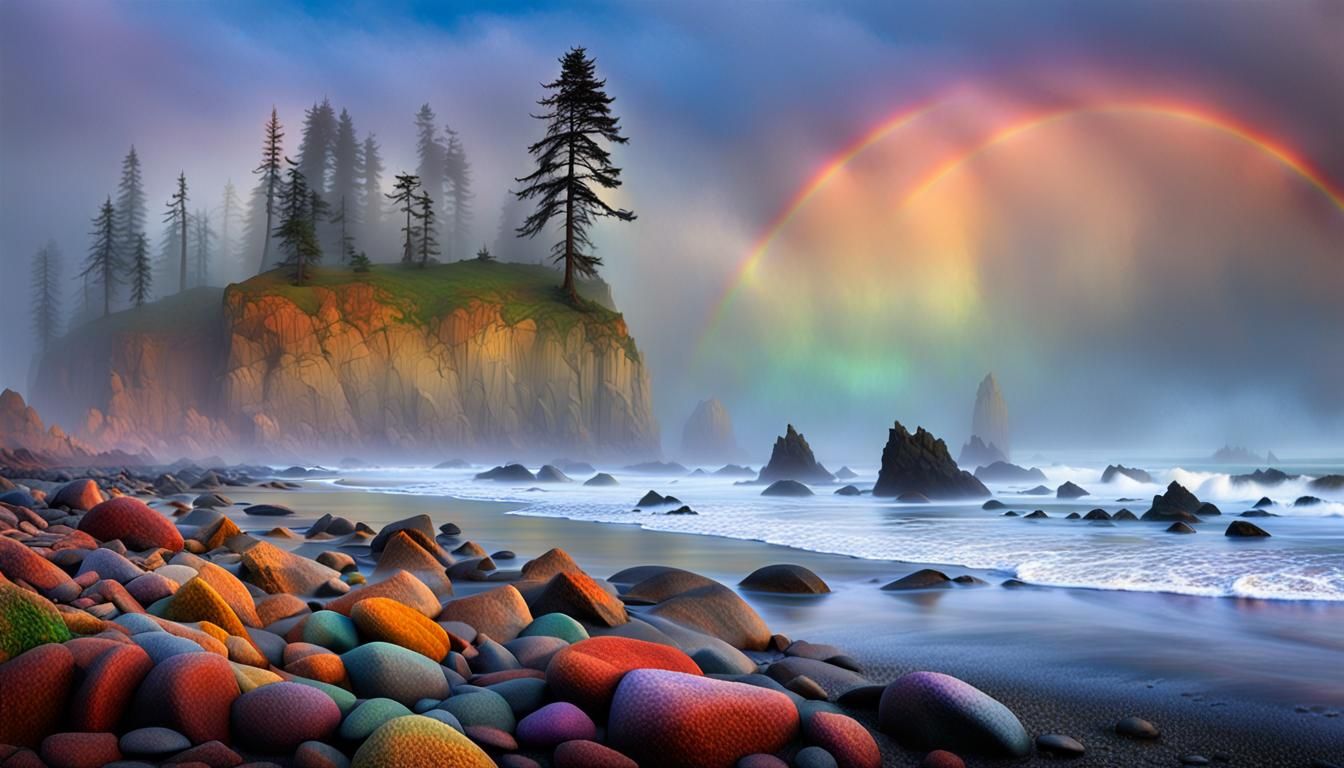 Misty Beach with Rainbow Rocks, Impasto Style