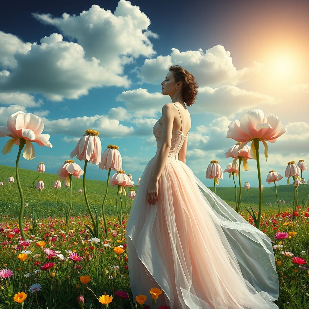 Surreal Dreamlike Woman in Vibrant, Melting Floral Landscape