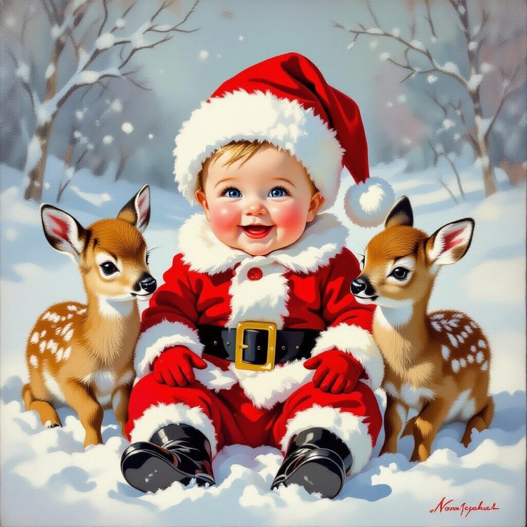 Joyful Baby in Santa Suit with Fawns in Snowy Landscape