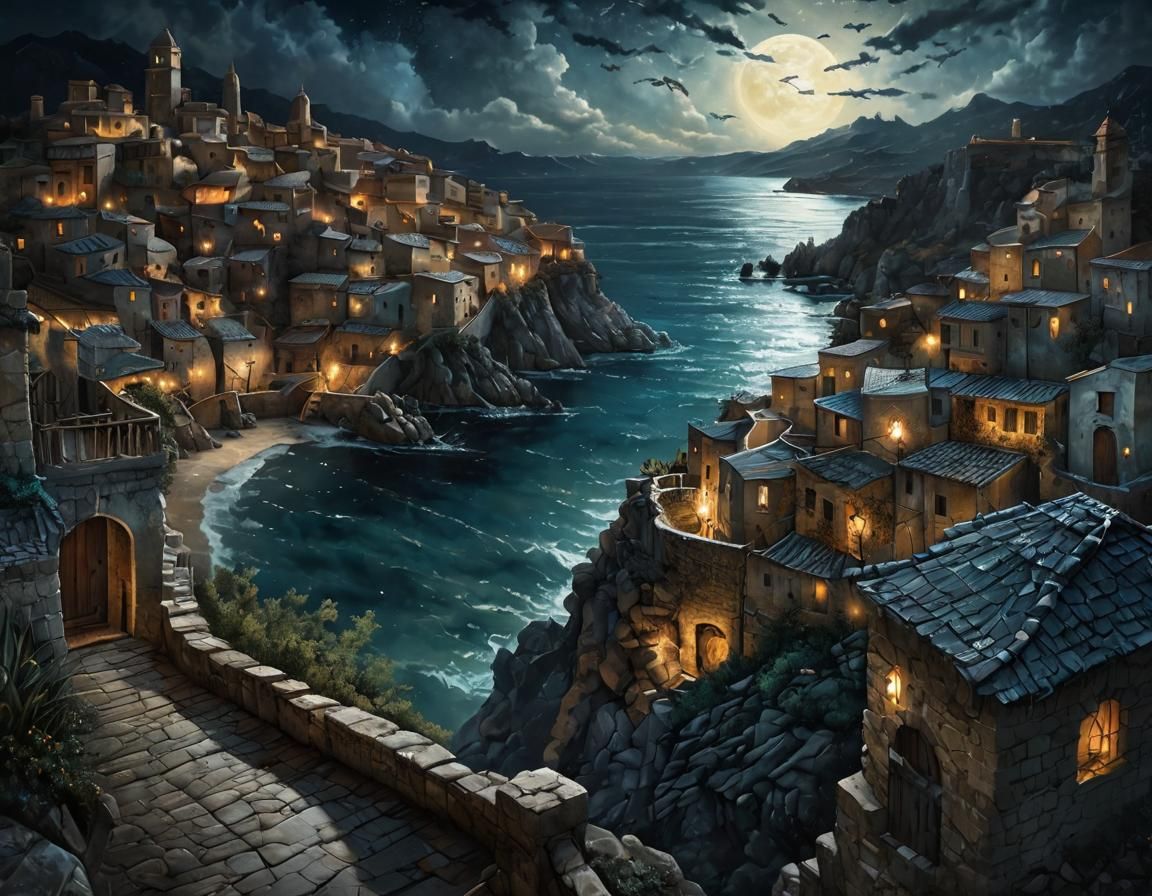Dragon Over Mediterranean Town: Acrylic Dark Fantasy Art
