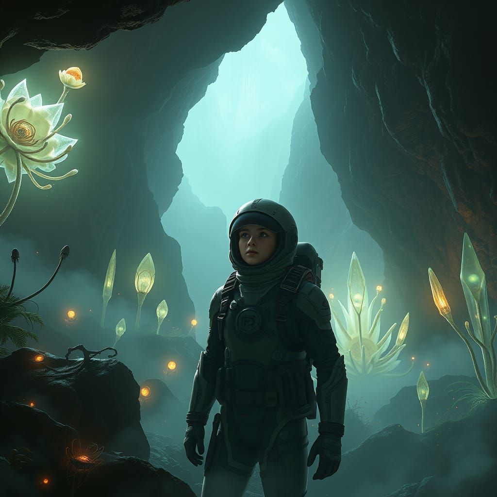 Explorer in a Bioluminescent Cave: Digital Art