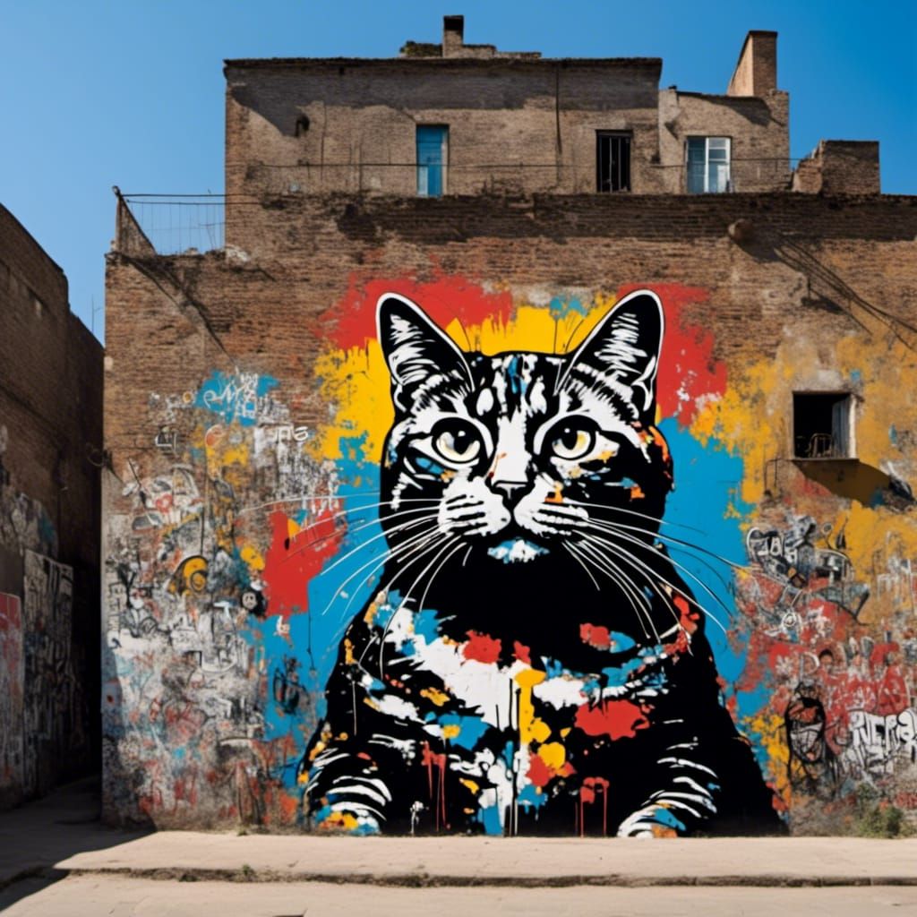 Cat on Brick Wall in Neo-Expressionist Style