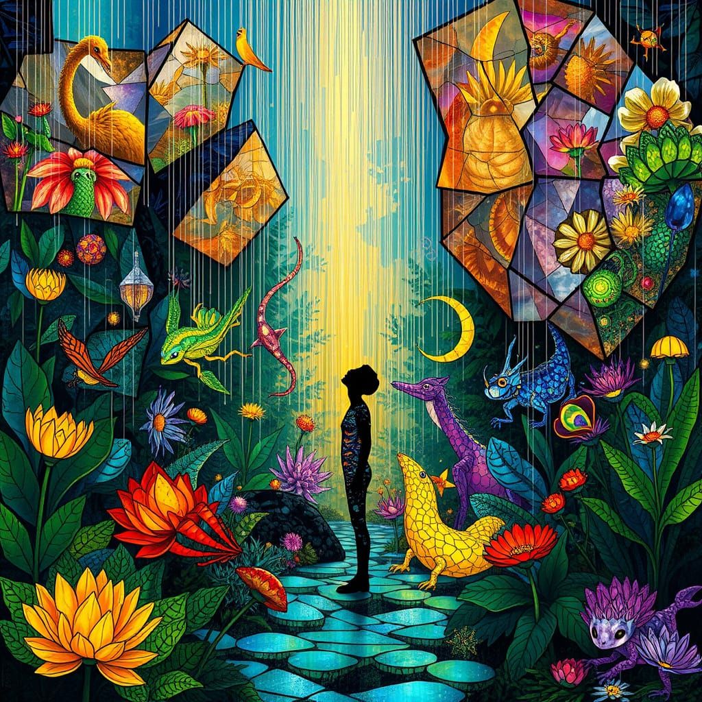 Surreal Stained Glass Garden with Shimmering Rain