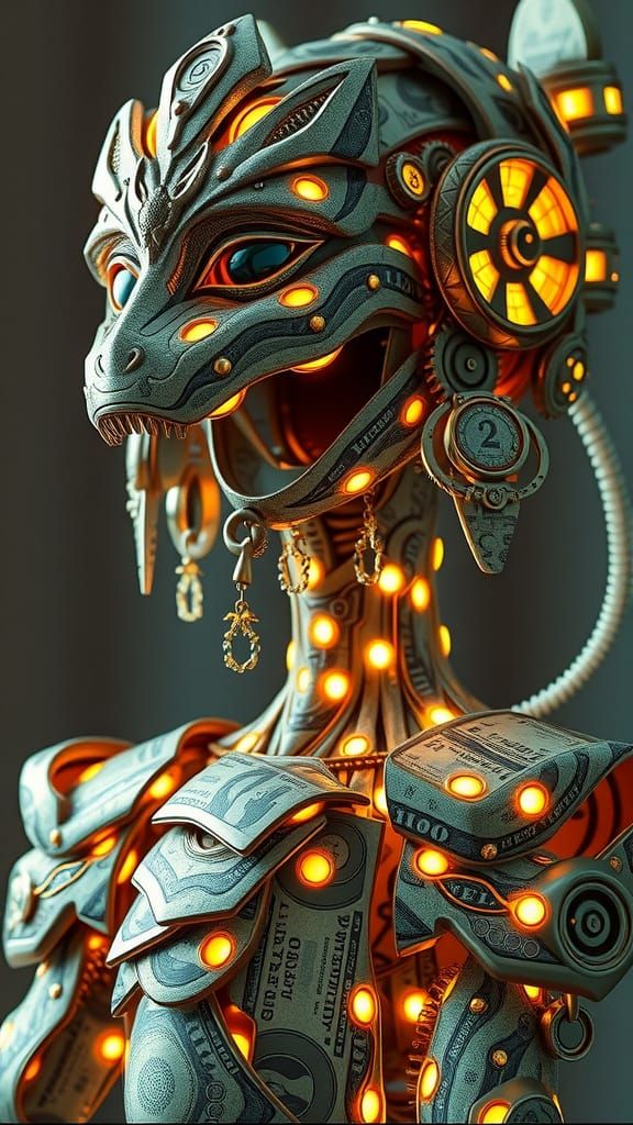 Futuristic Android Made of Dollar Bills in Digital Matte Pai...