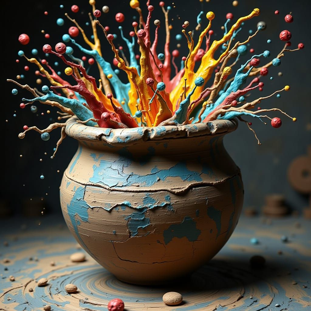 Exploding Clay Pot with Paint Splatters in Surrealist Style