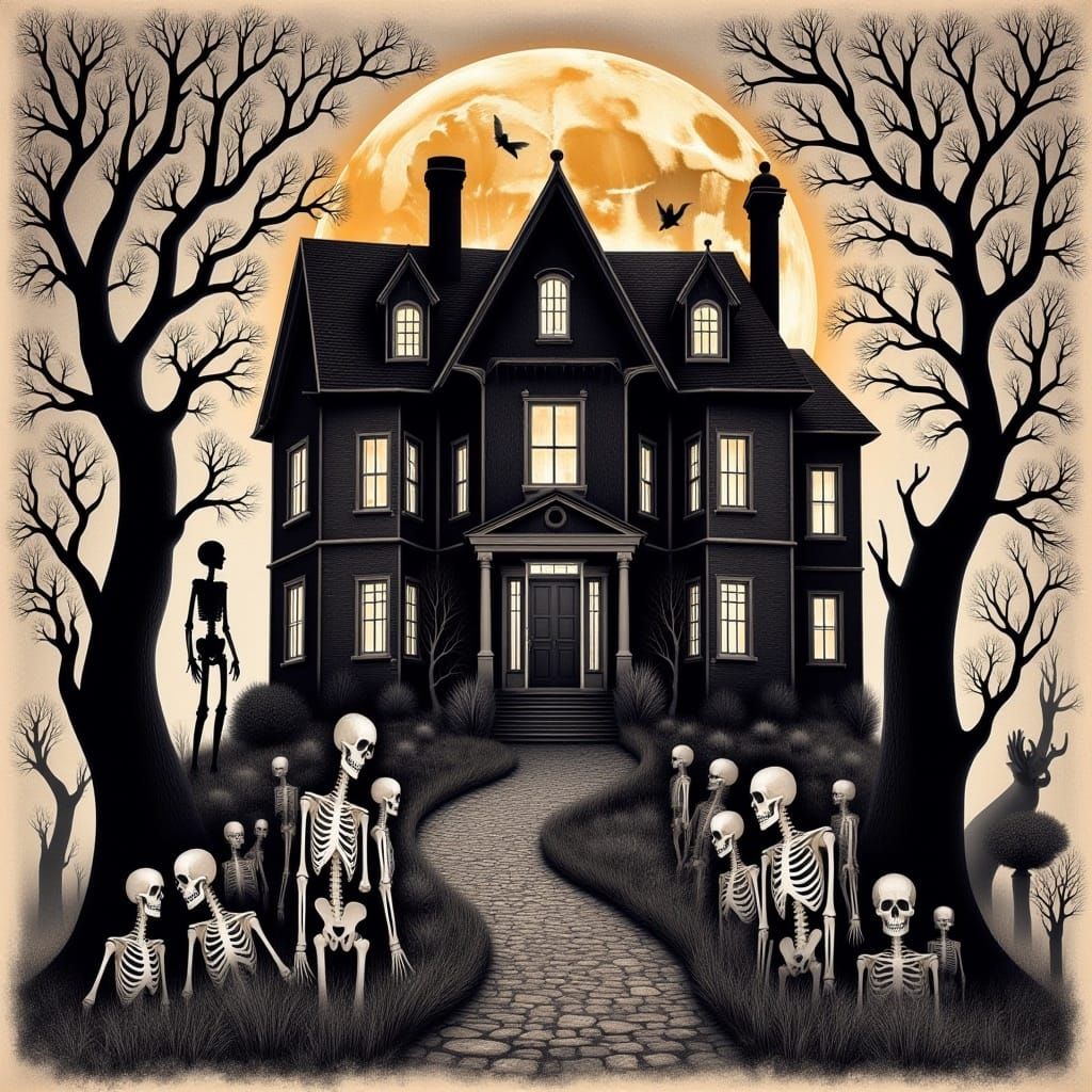 Haunted Victorian House with Ghostly Skeletons