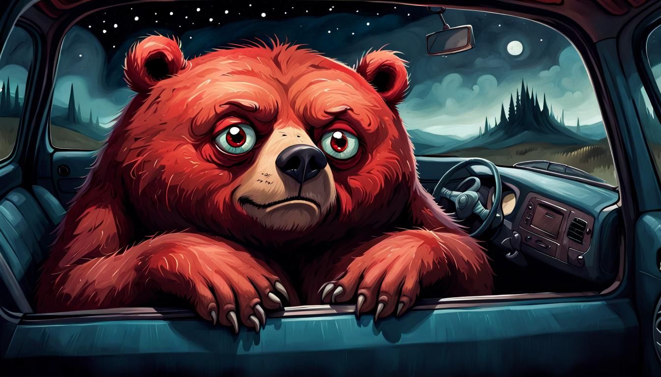 Surreal Bear Slumber in a Car, Frowning Wide-Eyed