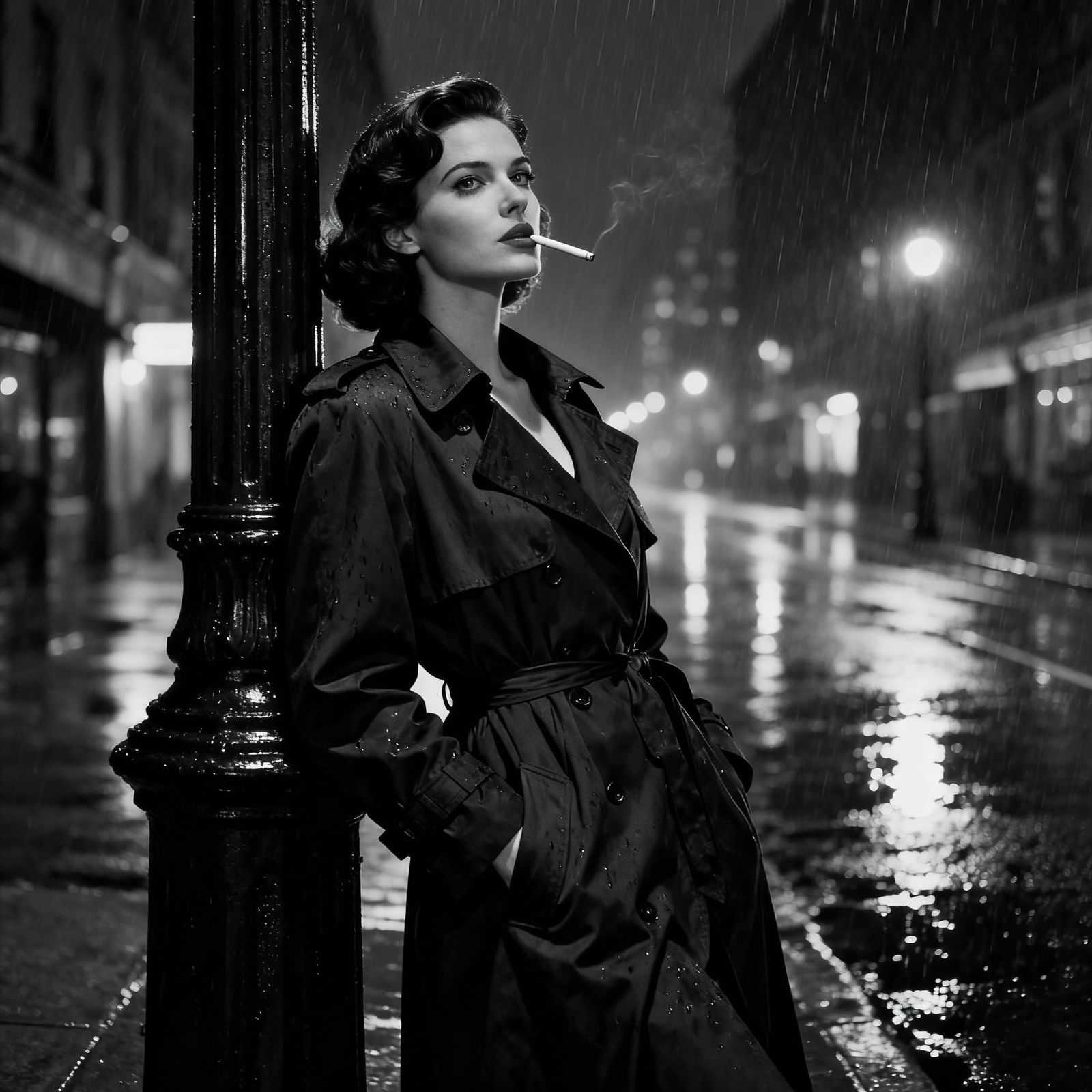 Film Noir Woman in Trench Coat on Rainy Street
