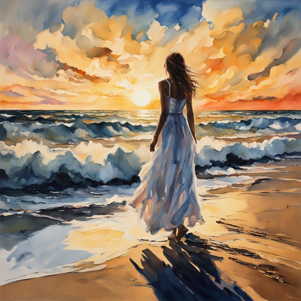 Elegant Woman in Golden Light, Impressionist Gouache Paintin...