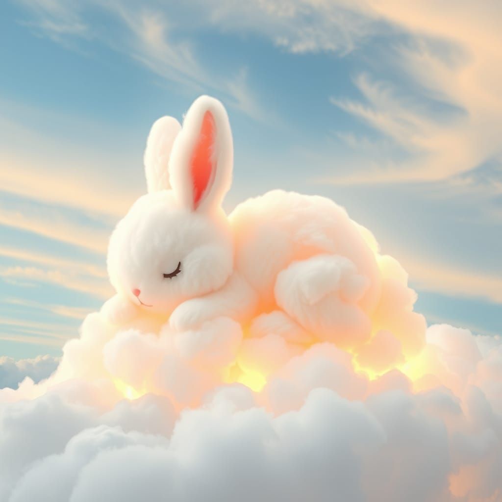 Cloud-bunny, softest fluffy adorable whimsical chibi bunny c...