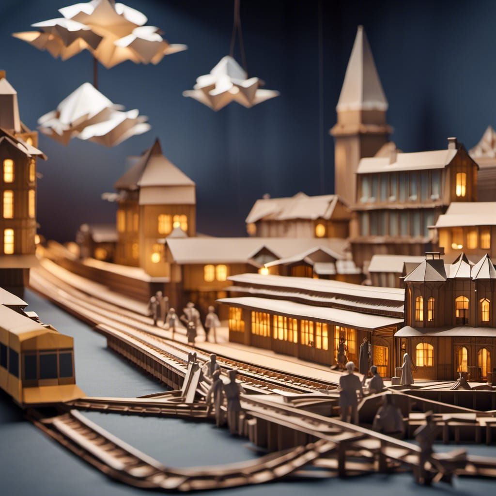 Origami Train Station and Landscape in Dystopian Style