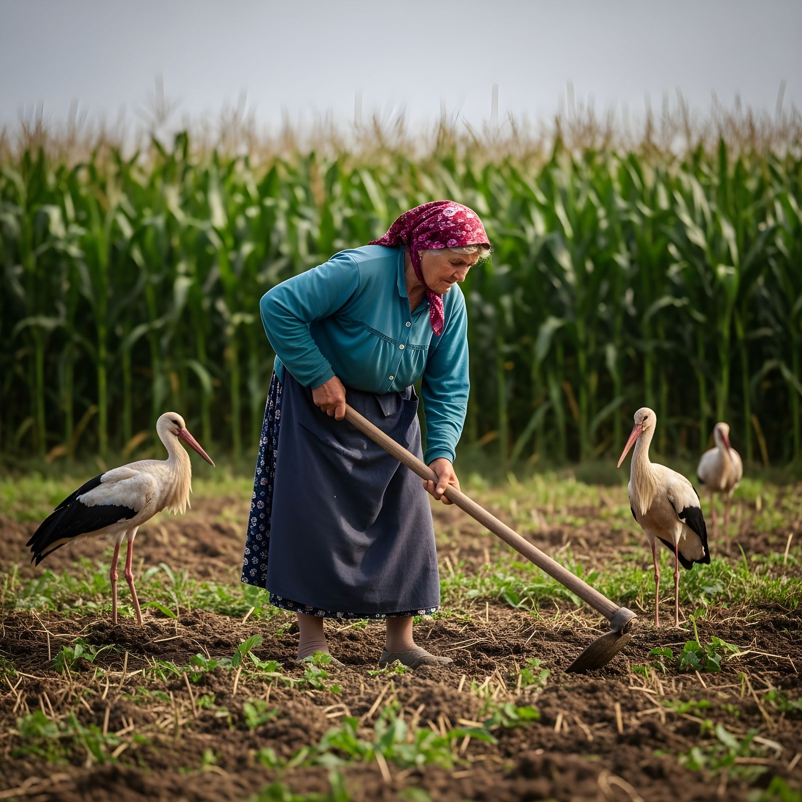 Elderly Woman Hoeing Field with Storks: Fine Art Photography