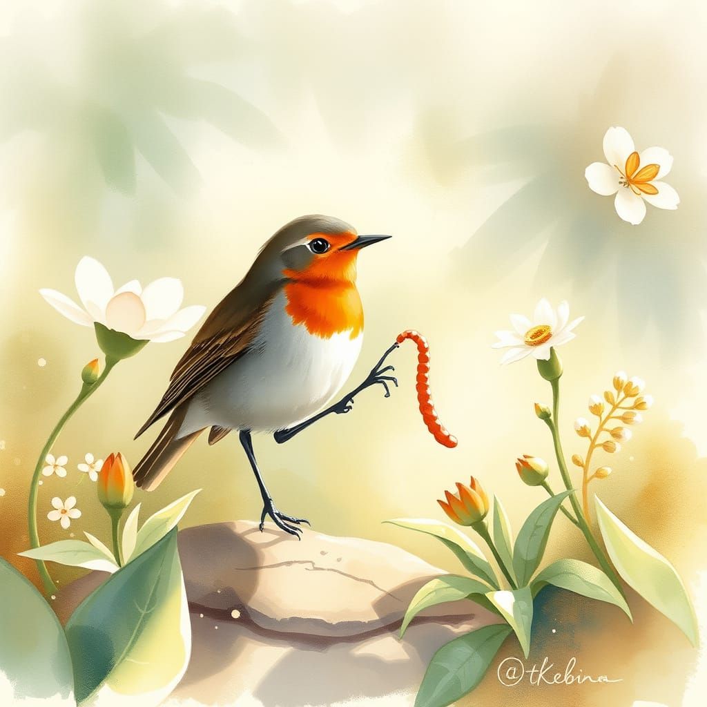 Robin's Triumph: A Watercolor Garden Scene