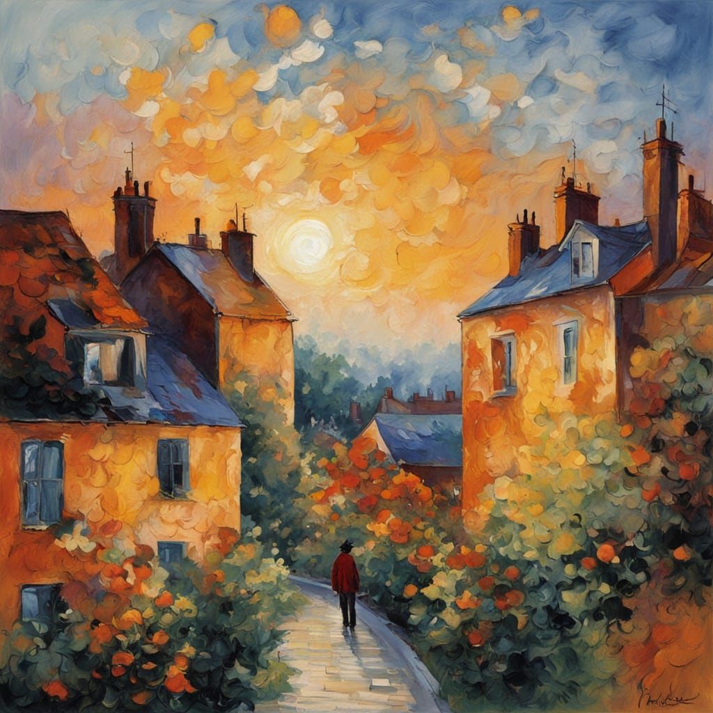 City Rooftops at Golden Sunset in Modern Impressionist Style