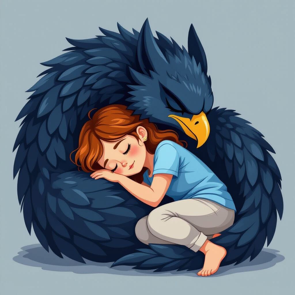 Girl Sleeping with Mythical Griffin-like Creature