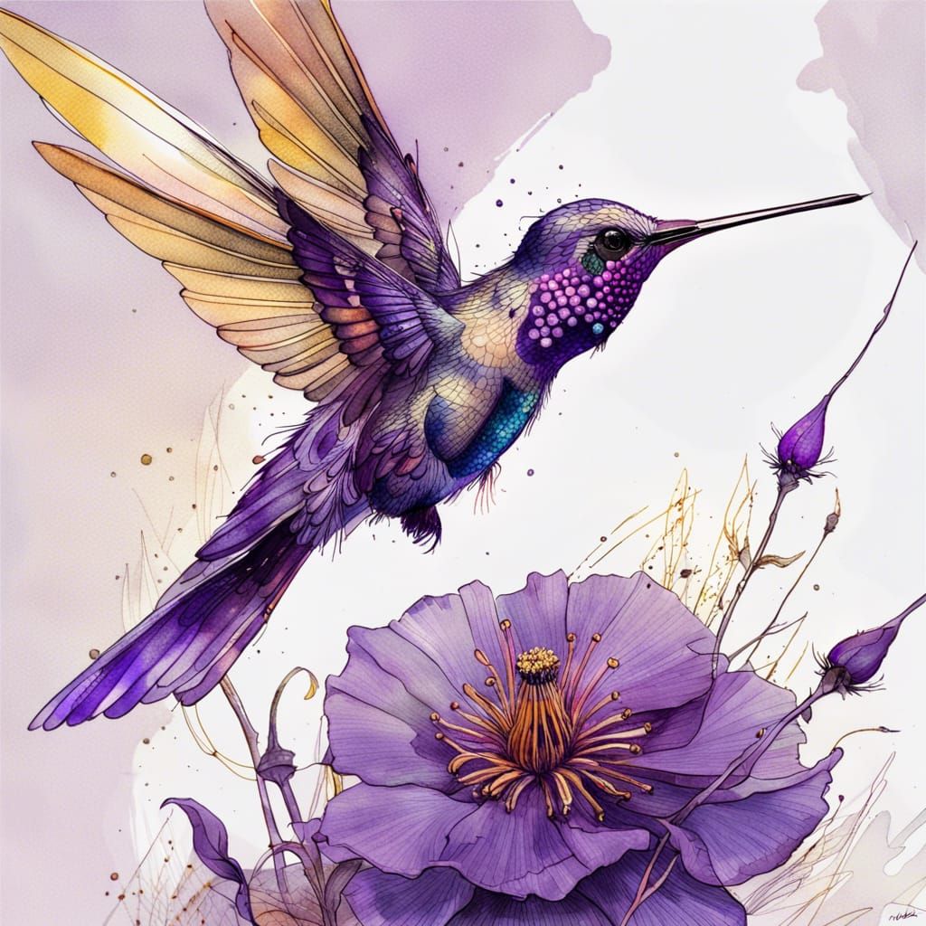 Iridescent Hummingbird with Purple Flower Illustration
