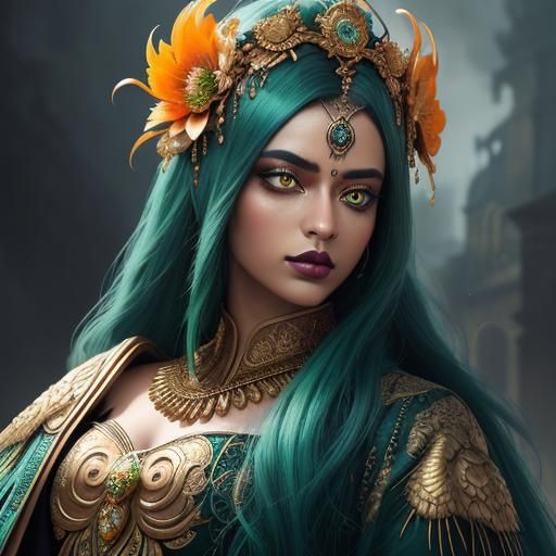 Woman with Gold Skin and Peacock Feather Hair