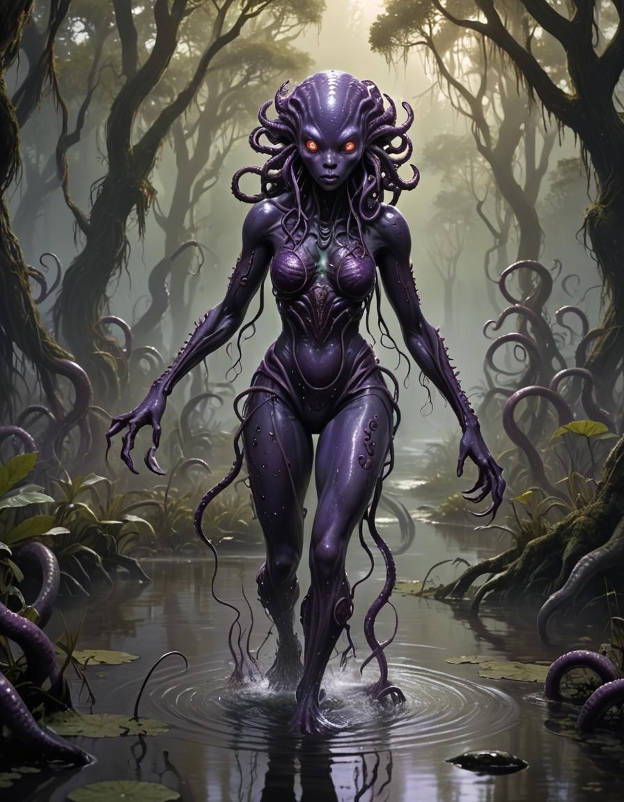 Beautiful Purple-Skinned Alien Striding Through Swamp