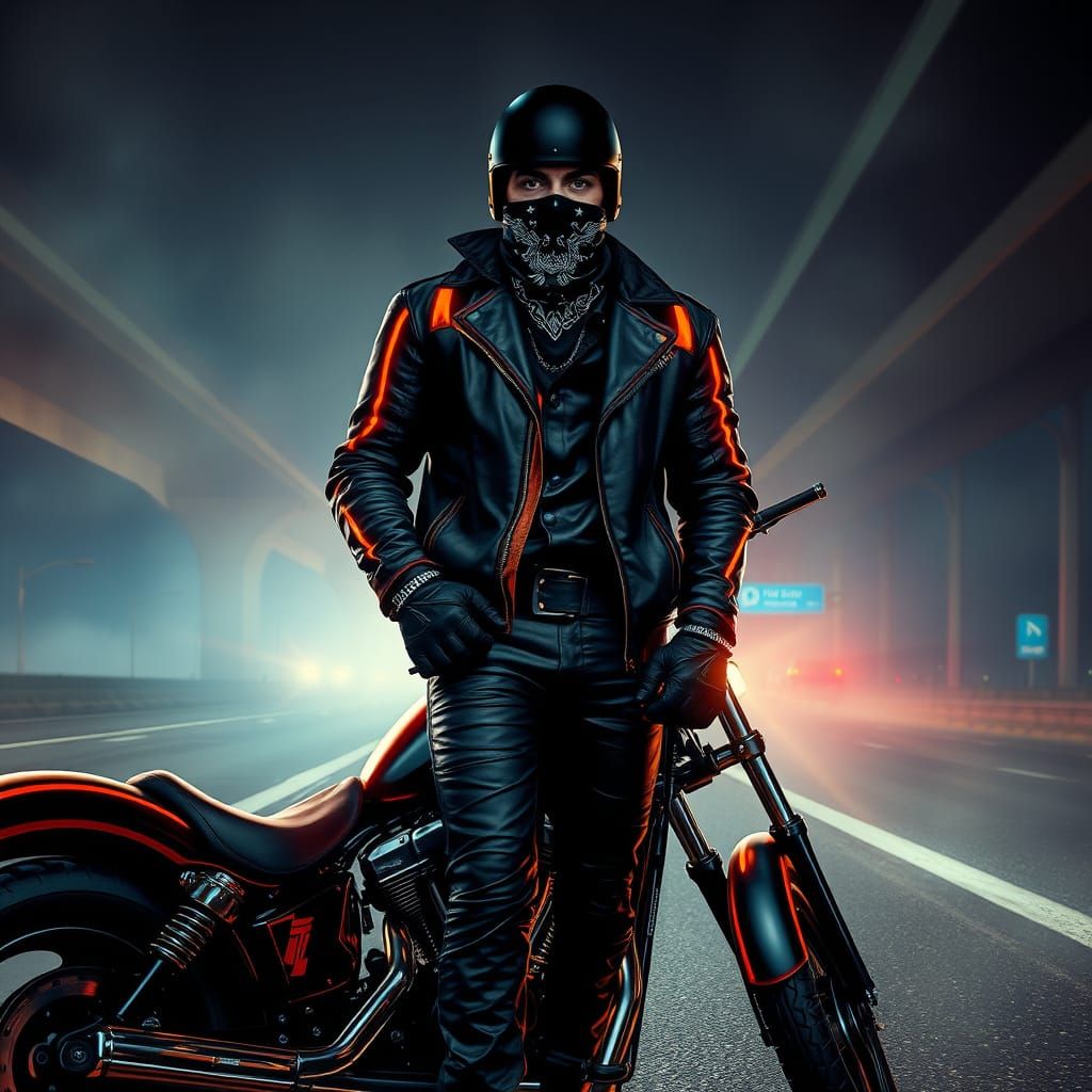 Outlaw Biker Under Neon Highway Overpass