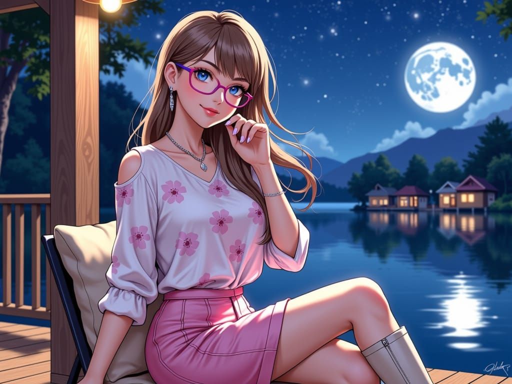 Elegant Anime Woman at Summer Lakehouse