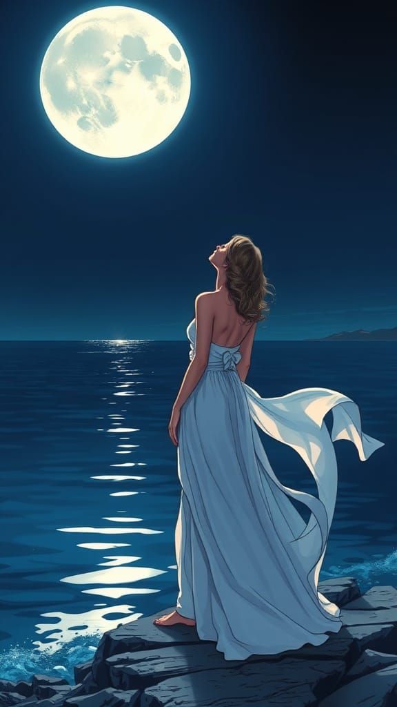 Woman and Moonlit Sea in Comic Book Style