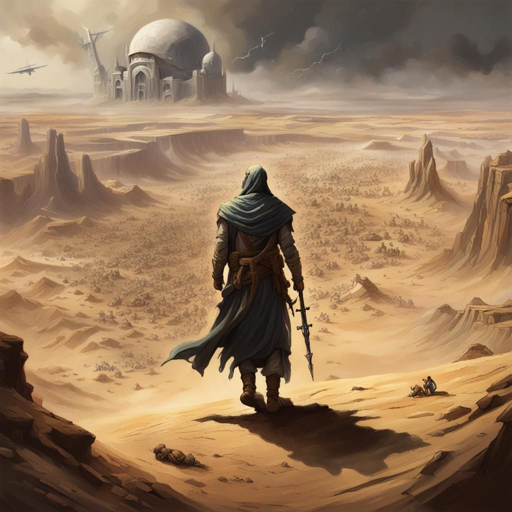 Desert Battle Scene with Messianic Figure in Dark Fantasy St...