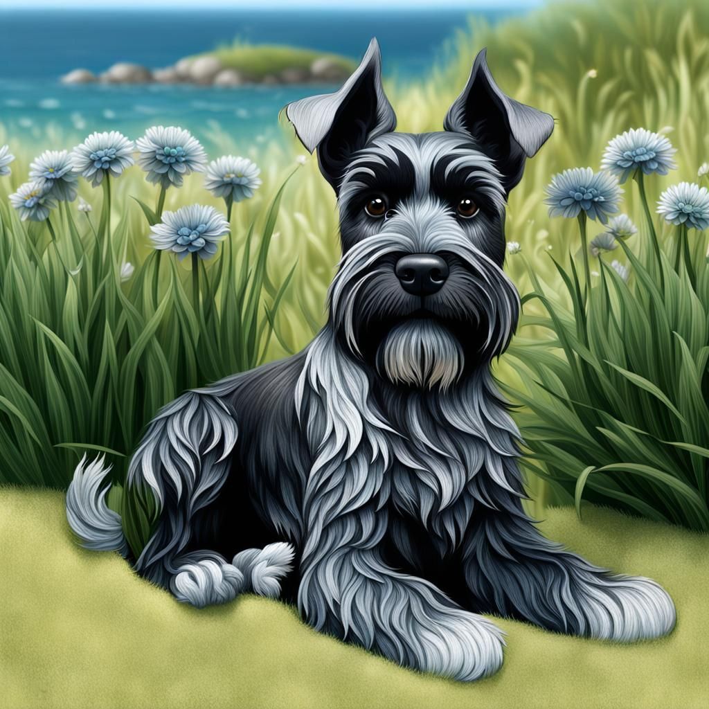 Girl and Schnauzer Enjoy Sunset View