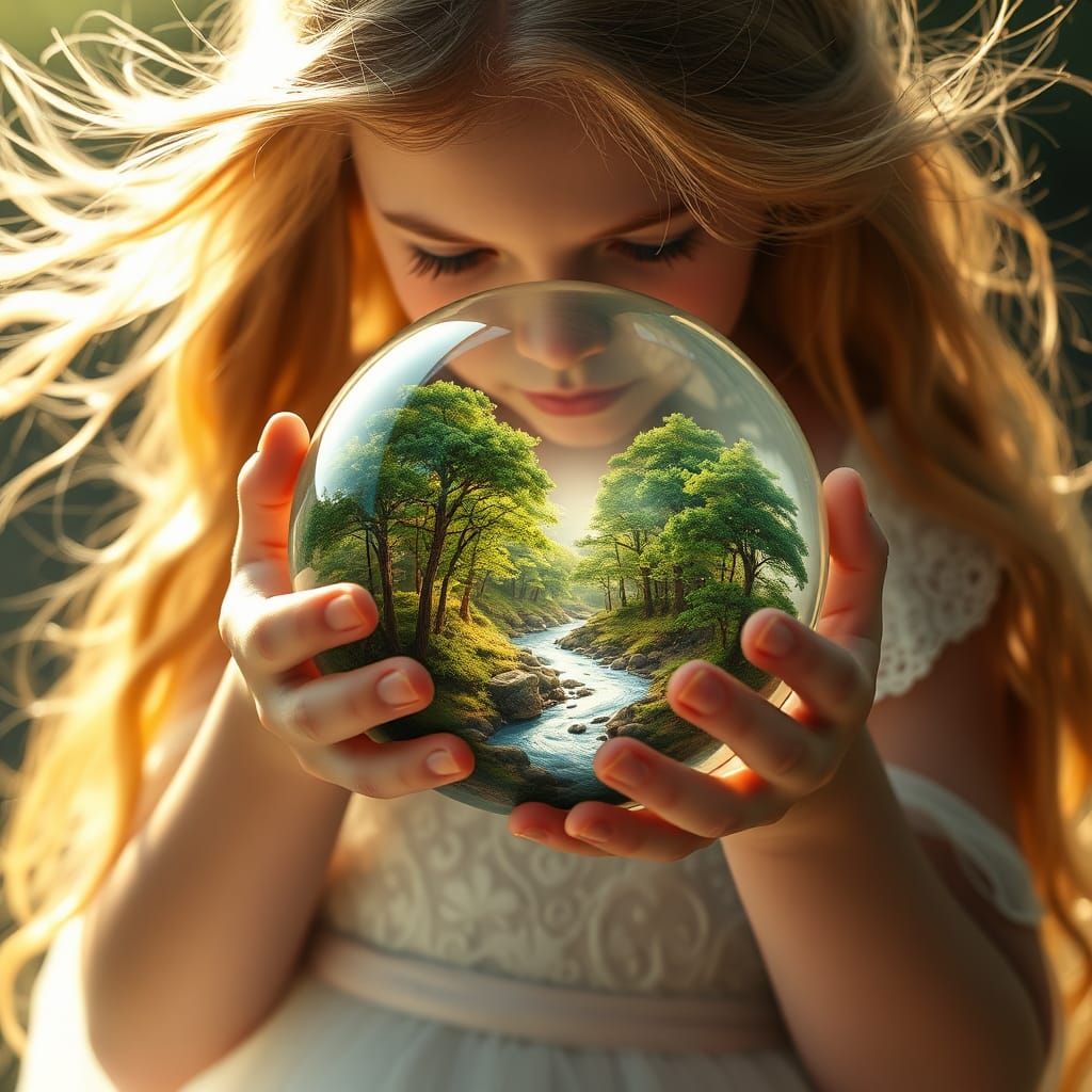 Girl with Crystal Orb in Hyper-Realistic Forest