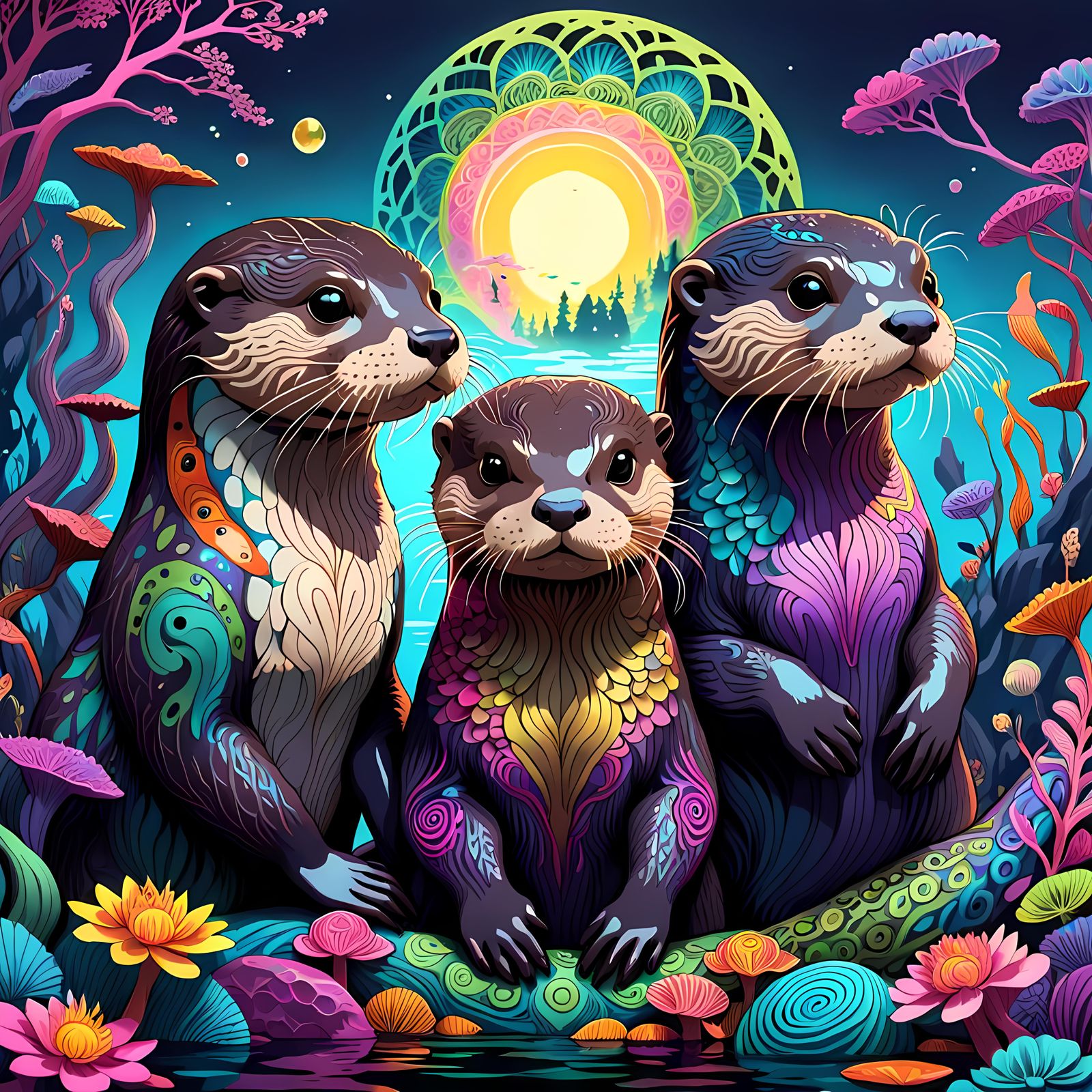 Psychedelic Zentangle Otters in 3D Anime Art